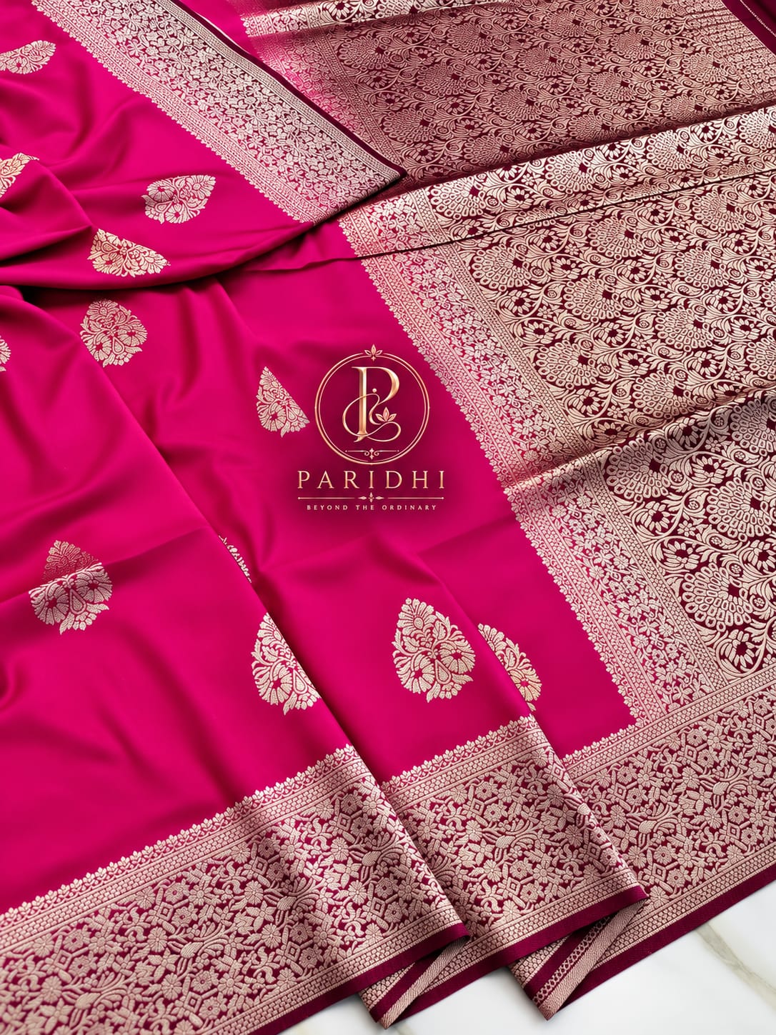 Rani pink khaddi saree with maroon contrast border