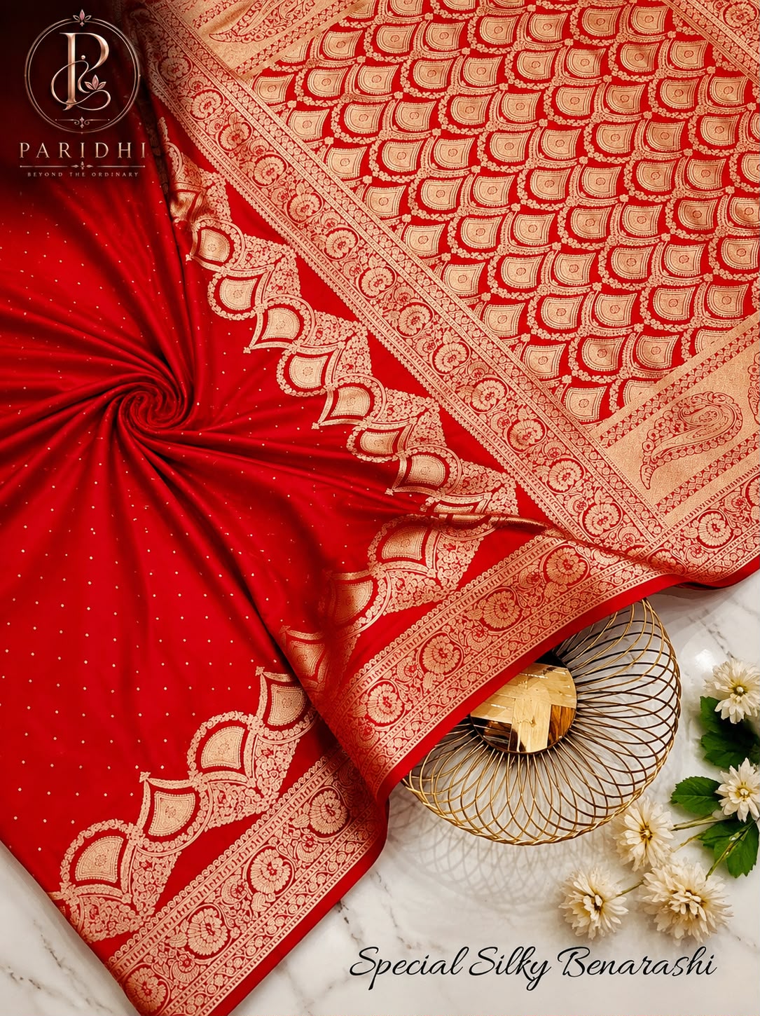 Bindiya Benarashi saree in ceremony red with gold kalka border