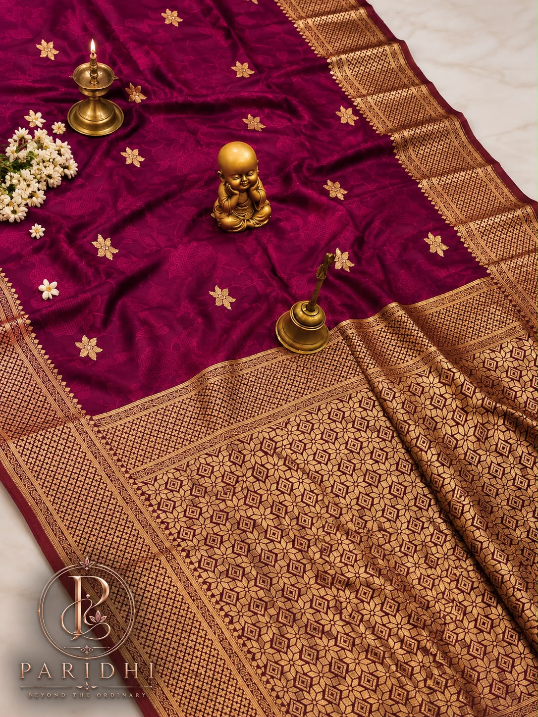 Wine magenta Tanchui katan silk saree with antique gold geometric pallu