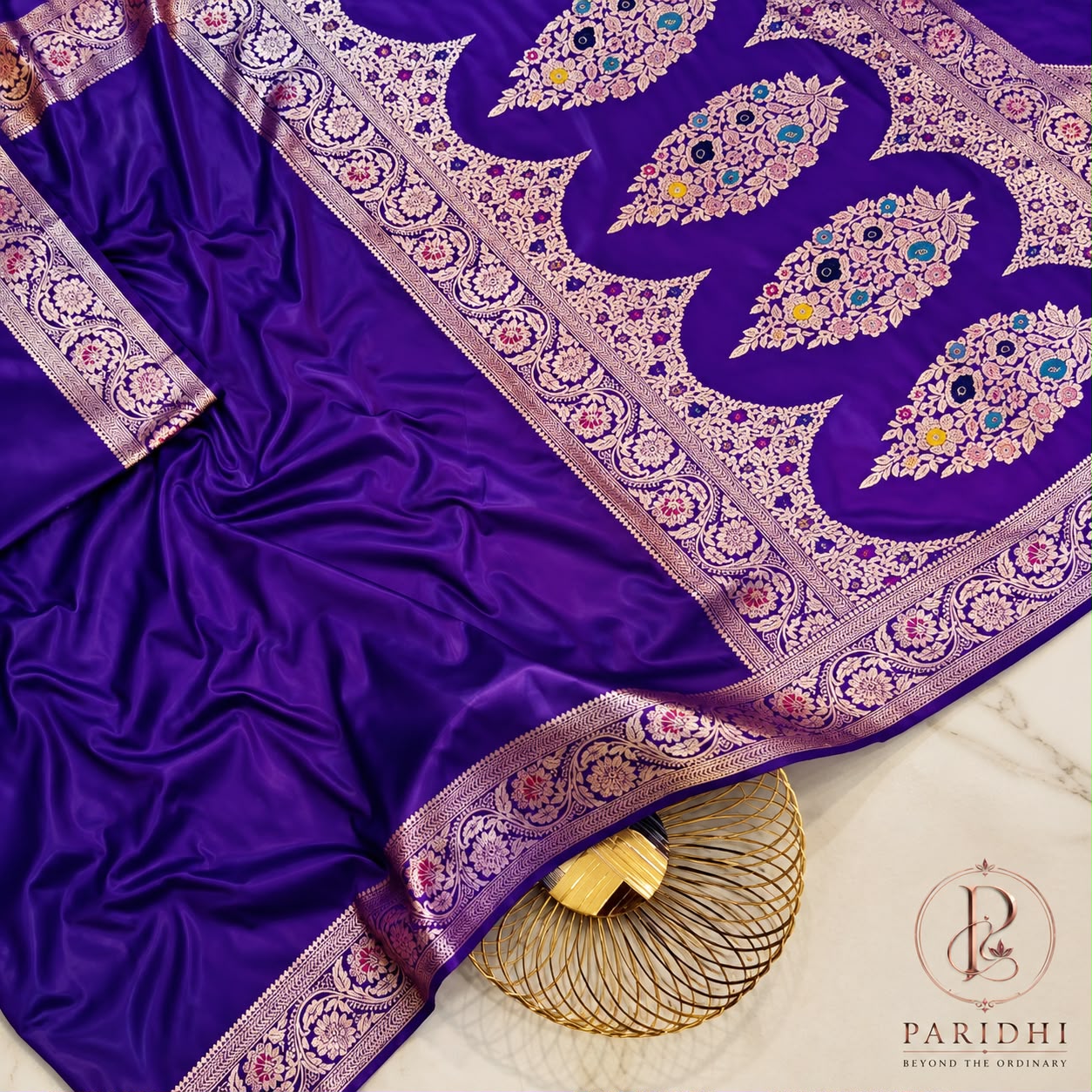 Royal purple silky mashroo saree with plain body and rich woven kalka pallu