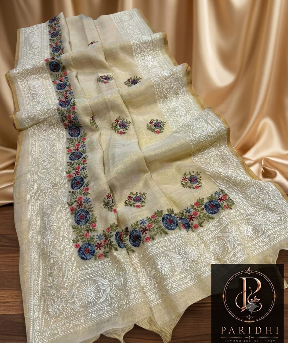 Ivory linen tissue saree with indigo and rose resham embroidery