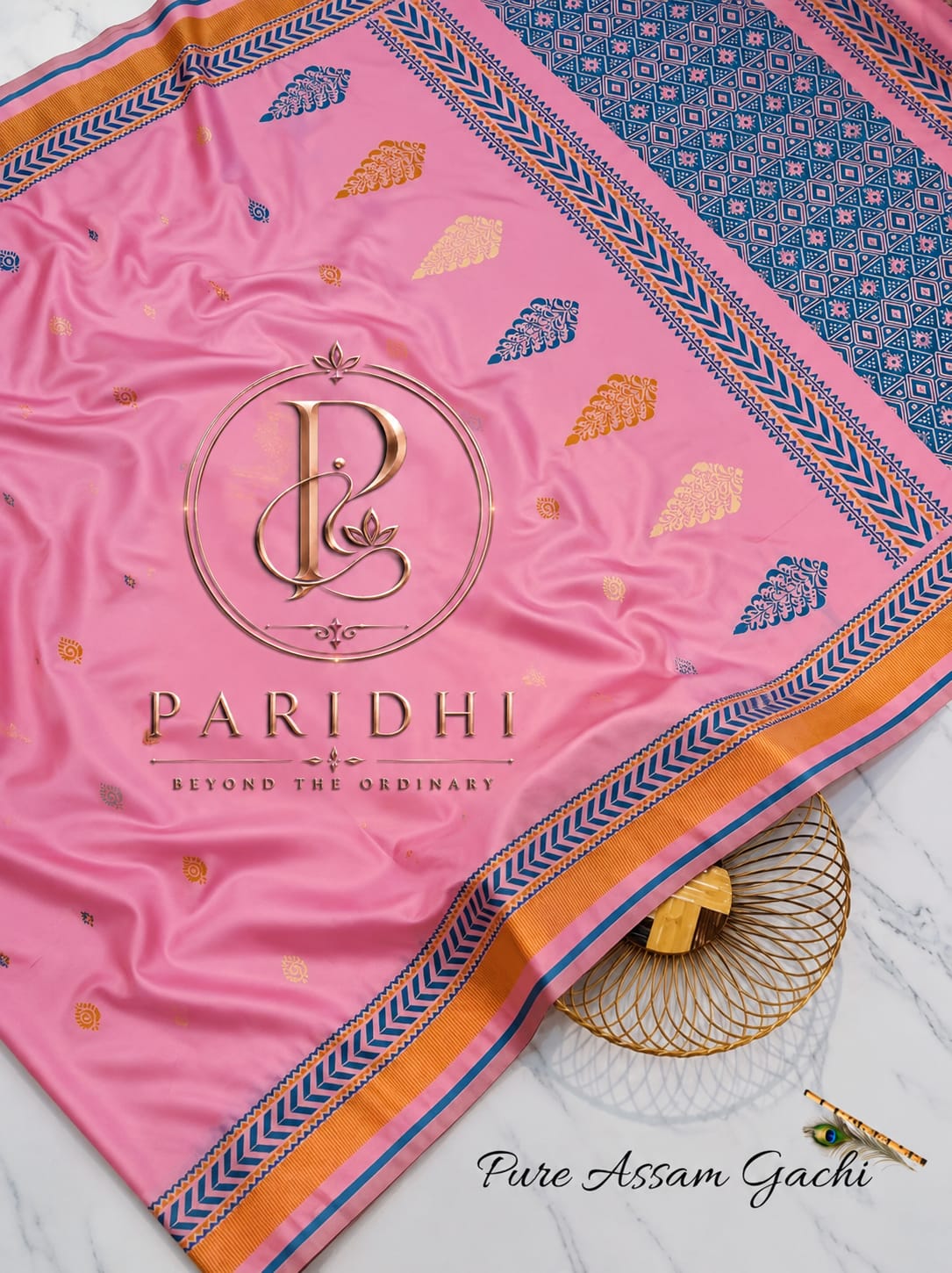 Blush pink Assam gachi tasar saree with teal diamond achal