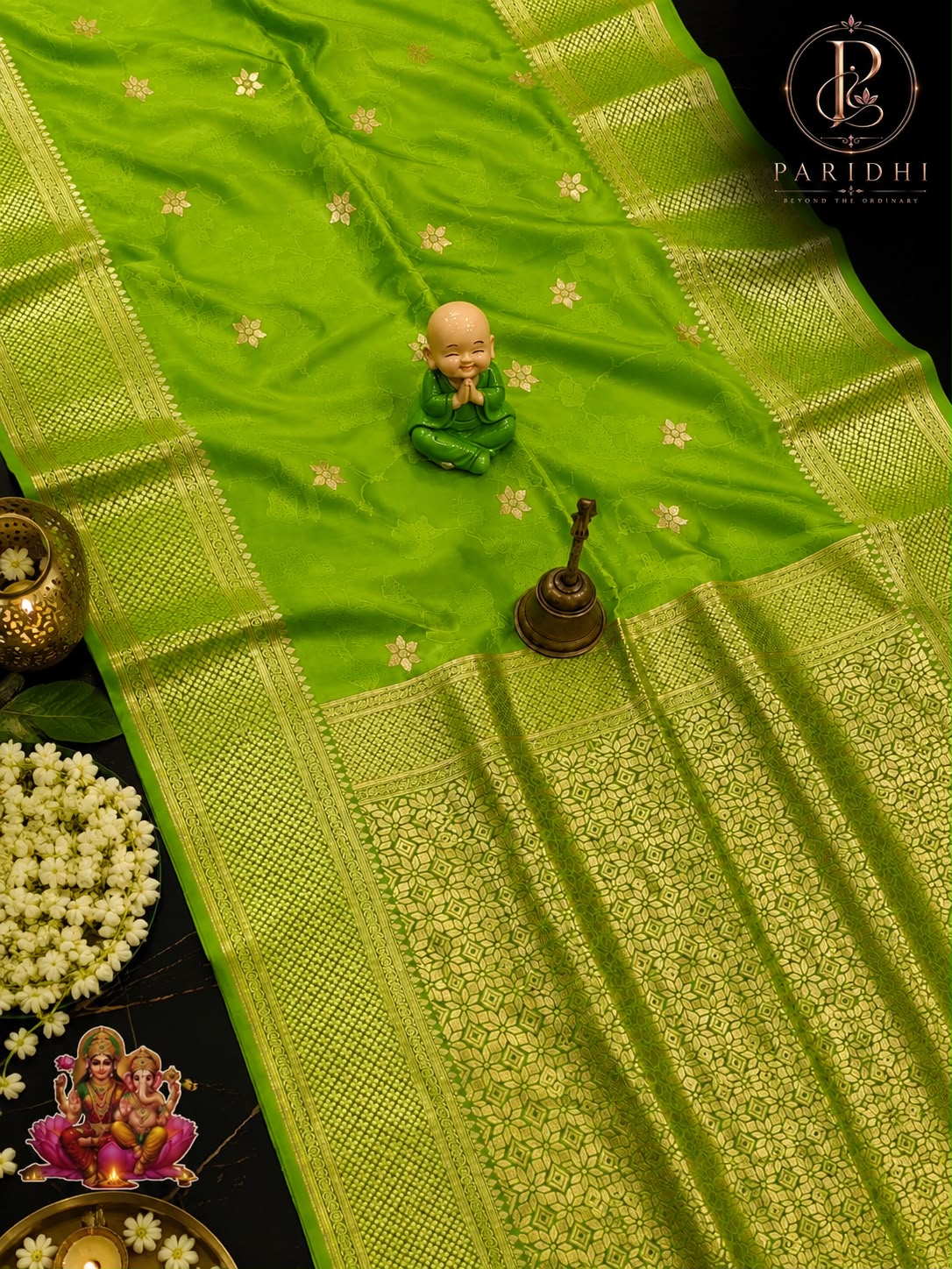 Parrot green Tanchui katan silk saree with gold jaal pallu