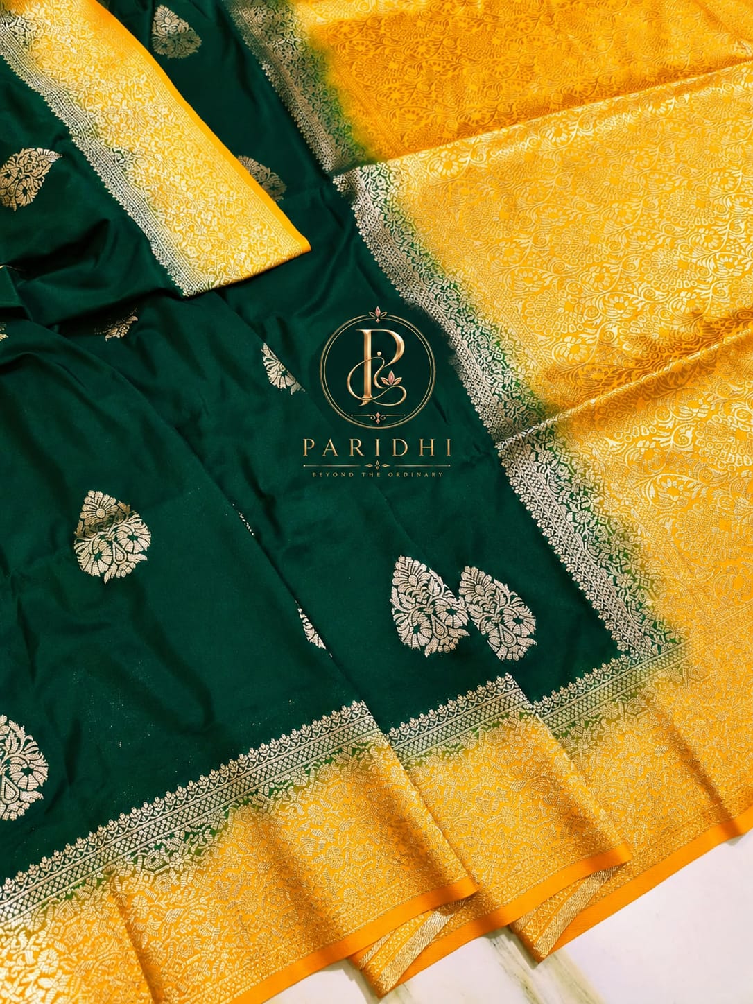 Bottle green khaddi saree with mustard contrast border