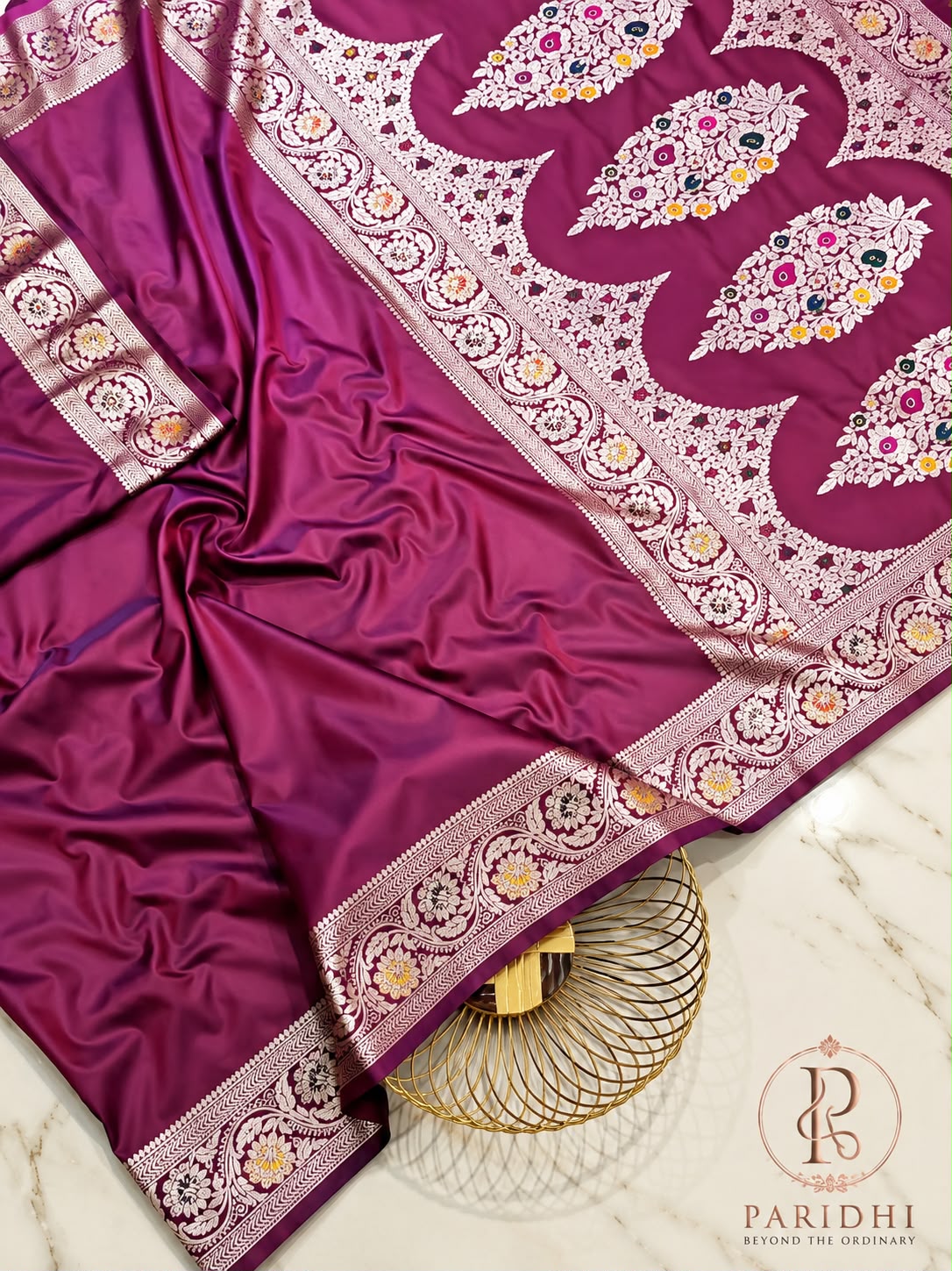 Wine magenta silky mashroo saree with silver kalka pallu
