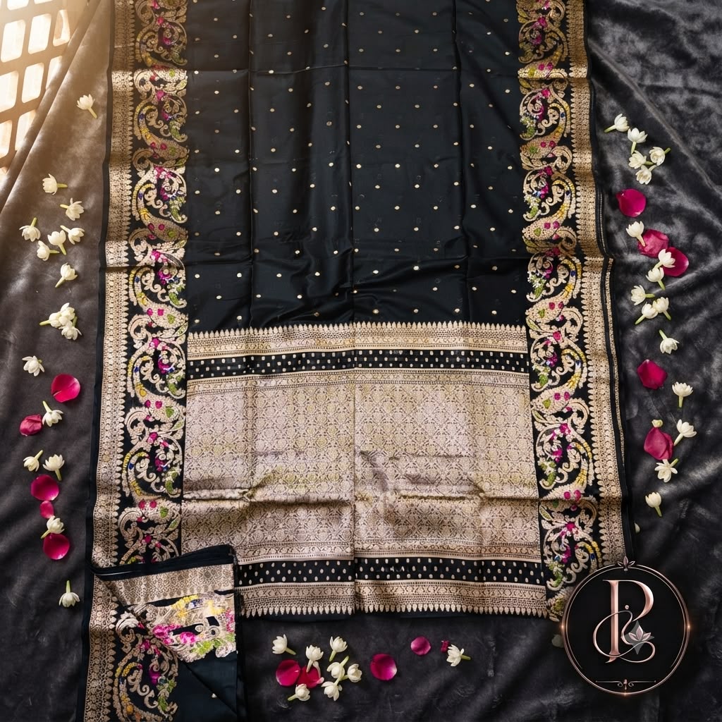 Midnight black Muga Mina Katan saree with gold mina border and jaal pallu