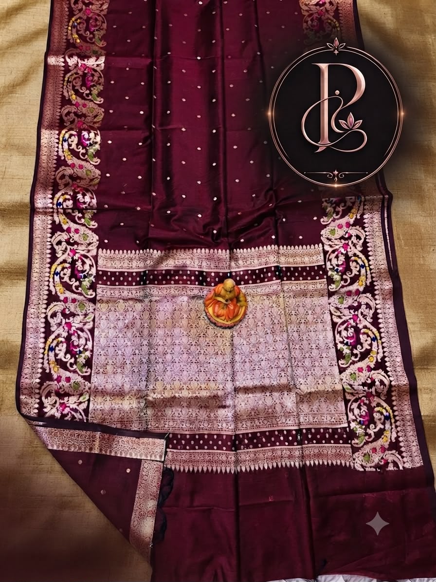 Deep maroon Muga Mina Katan saree with rose-gold mina border