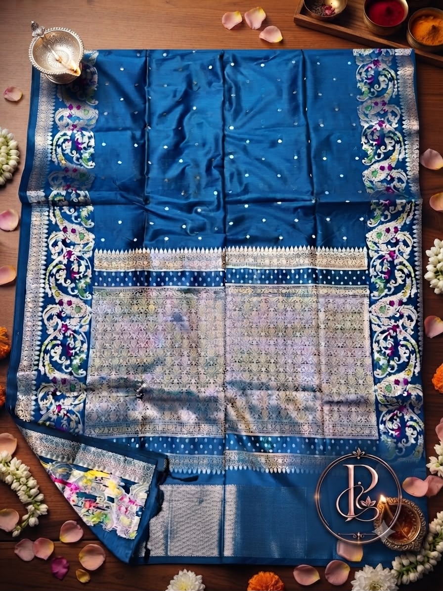 Peacock blue Muga Mina Katan saree with silver mina border and rich pallu