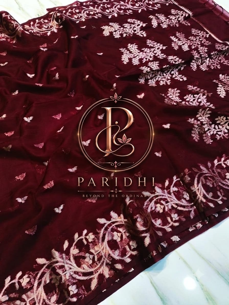 Deep maroon pure maslin jamdani saree with blush suto fern weaving