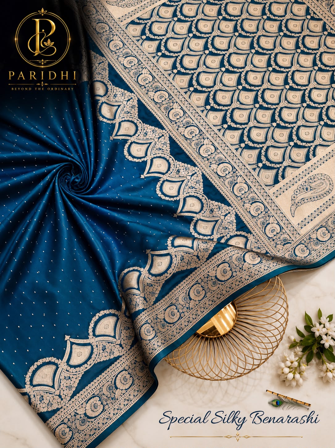 Bindiya Benarashi saree in peacock teal with ivory-gold pallu