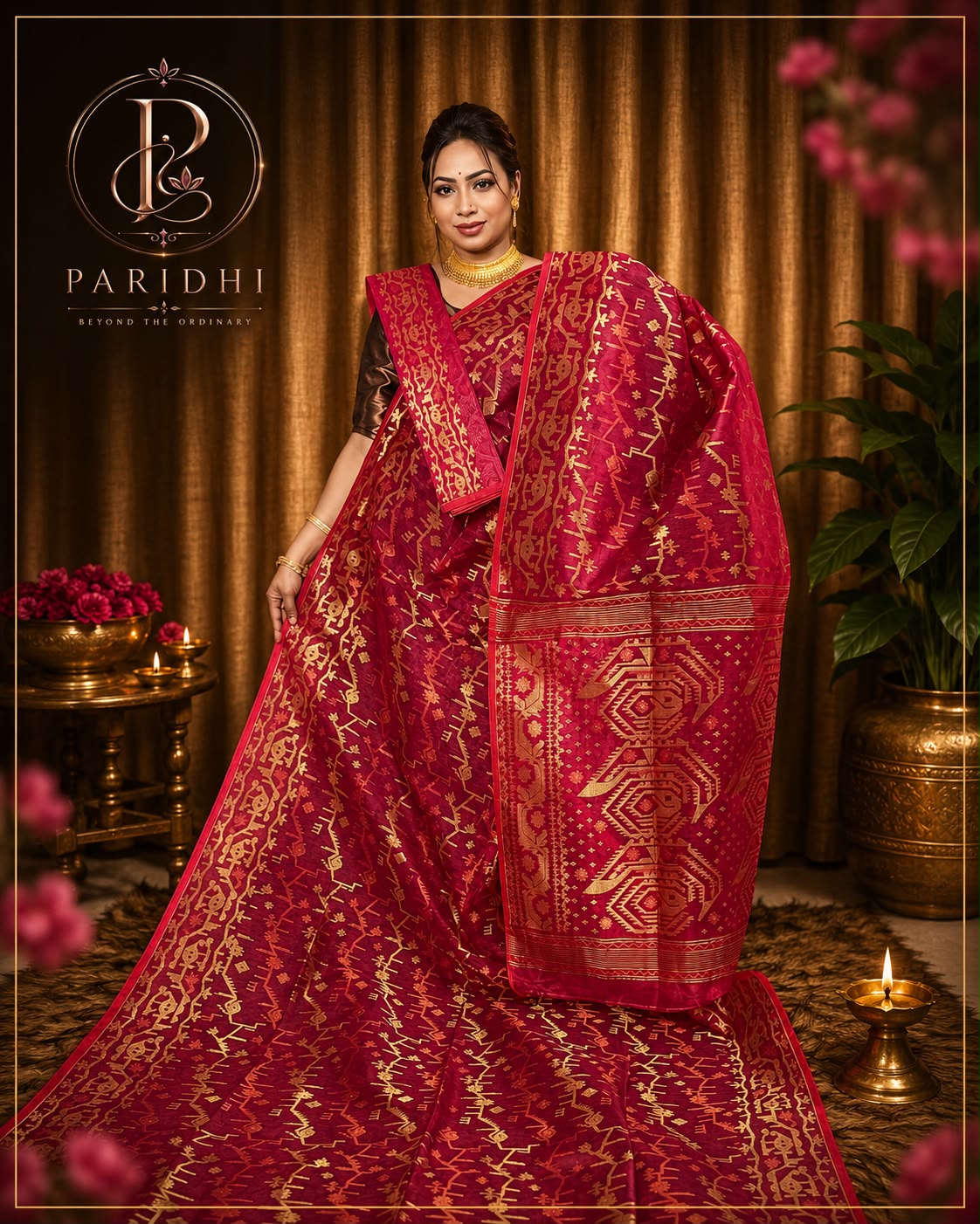 Rani crimson Jamdani saree