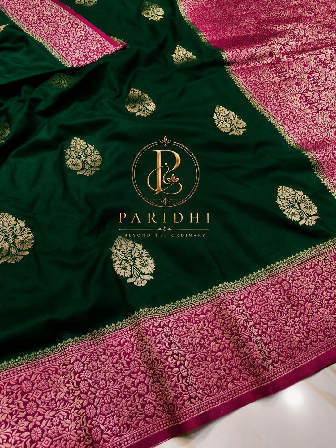 Bottle green khaddi saree with rani pink contrast achal