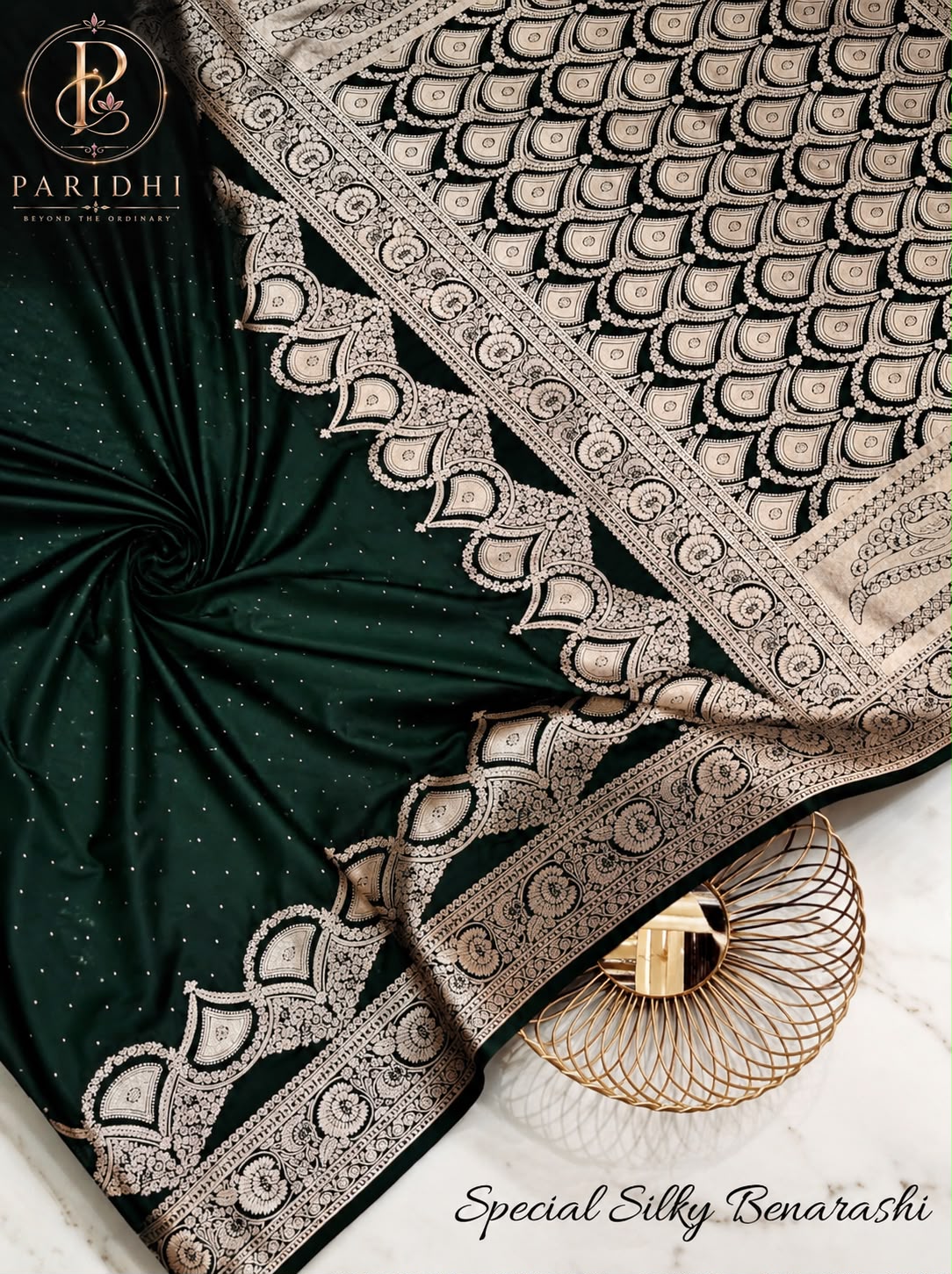 Bindiya Benarashi saree in emerald green with gold woven pallu