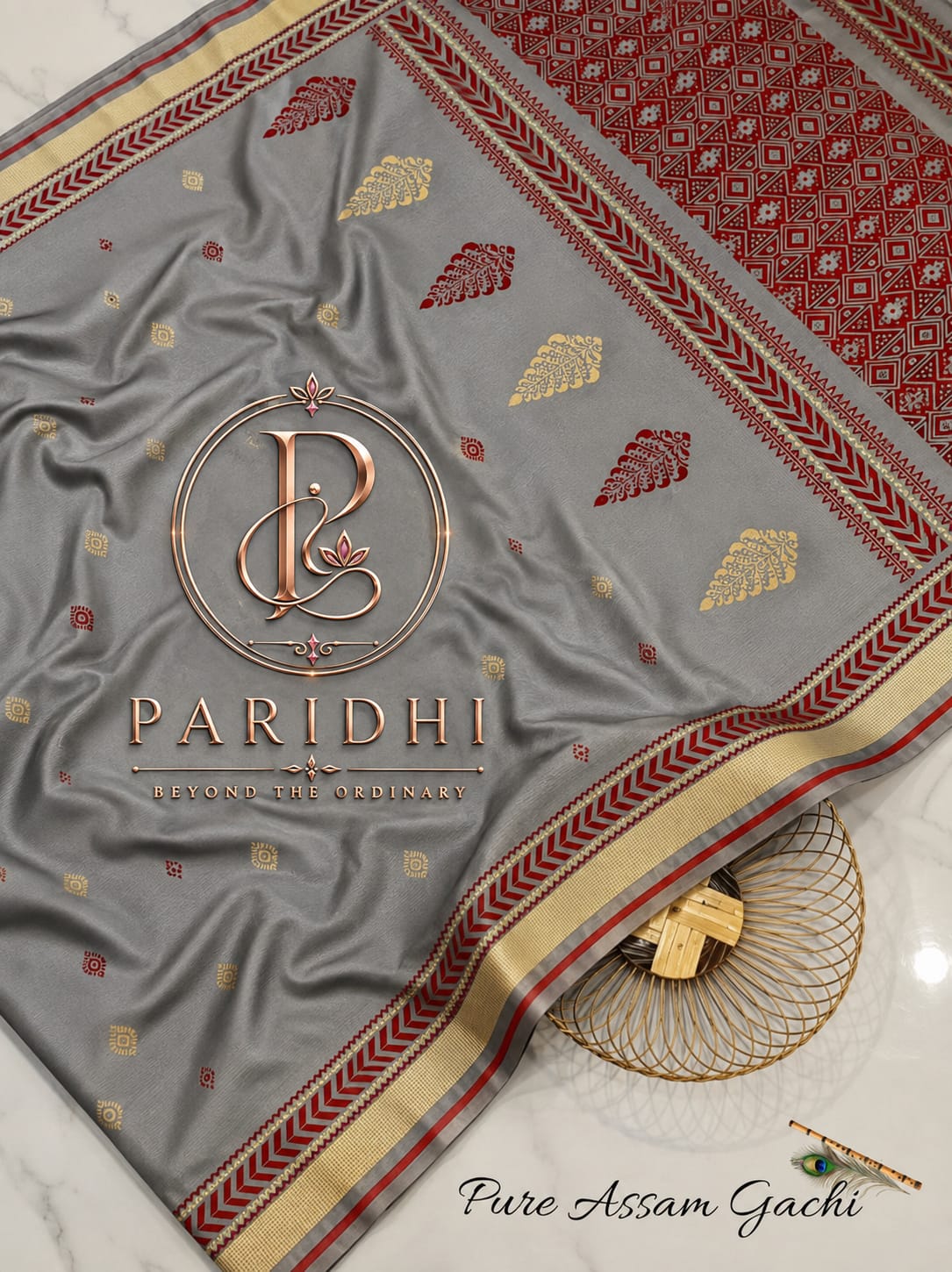 Mist grey Assam gachi tasar saree with maroon achal