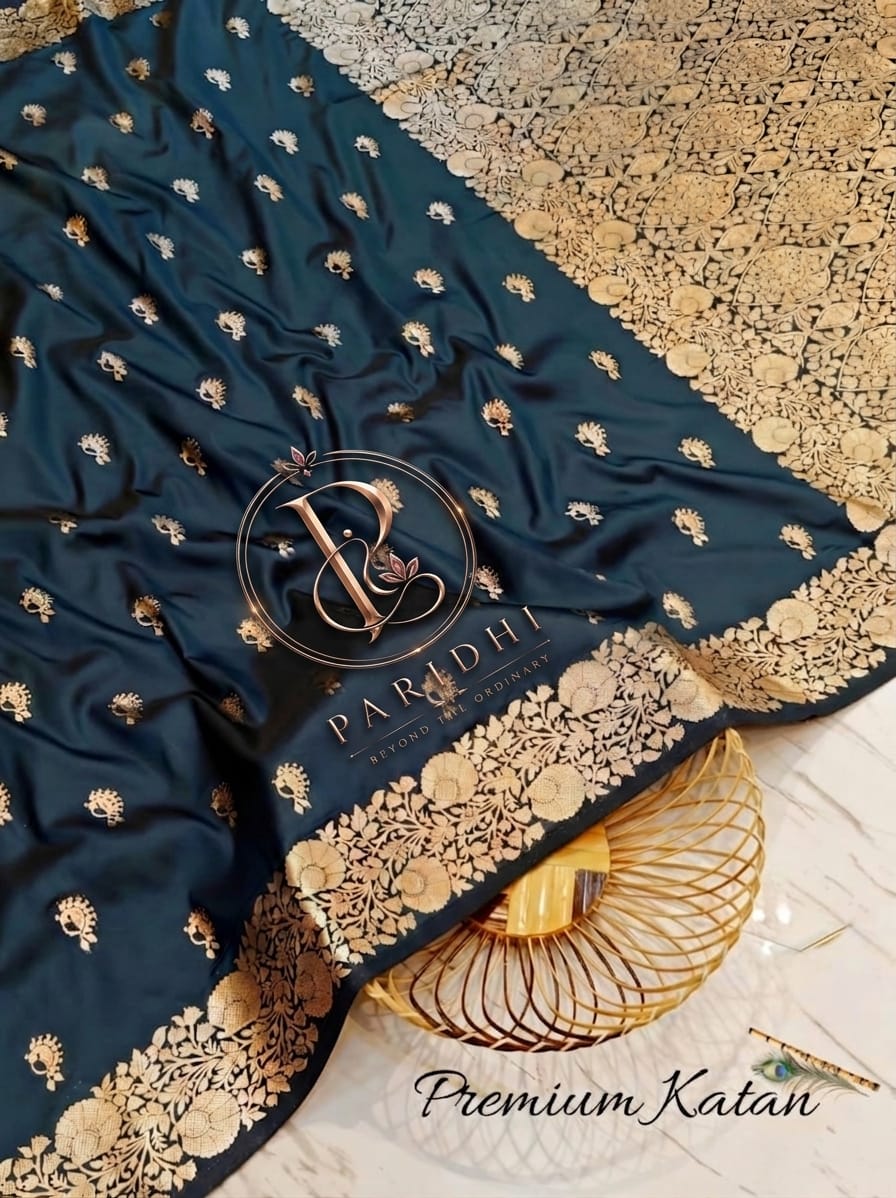 Midnight teal premium katan Benarasi saree with rich gold floral border