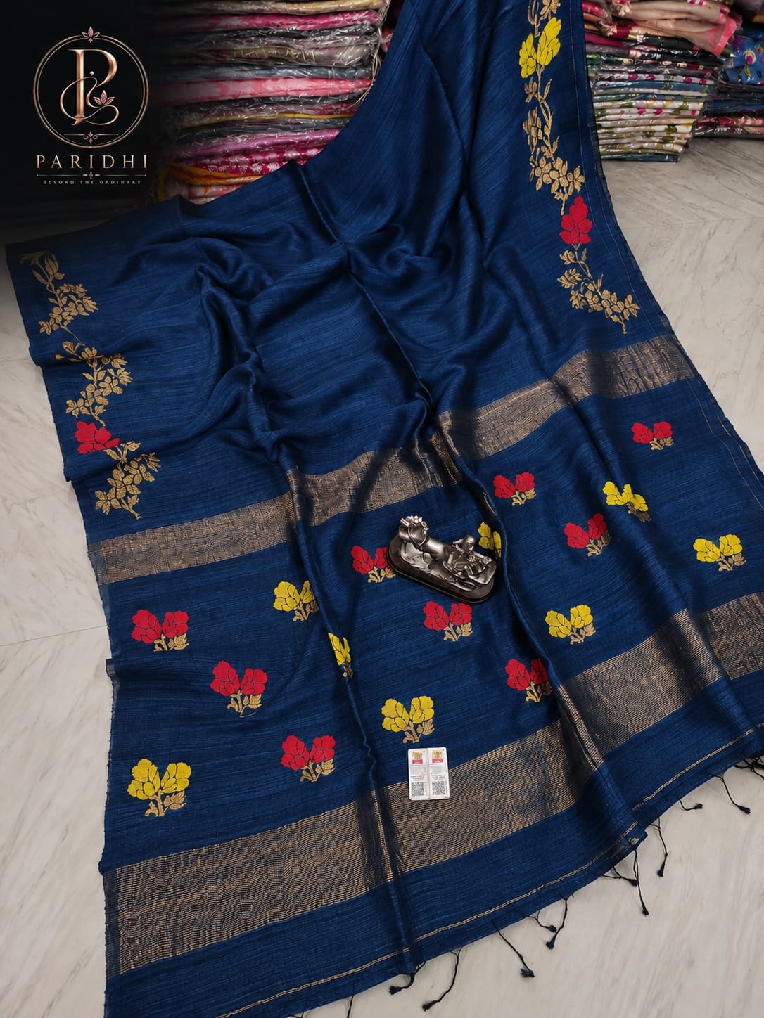 Navy blue Motka Benarasi saree with gold resham creepers and zari pallu