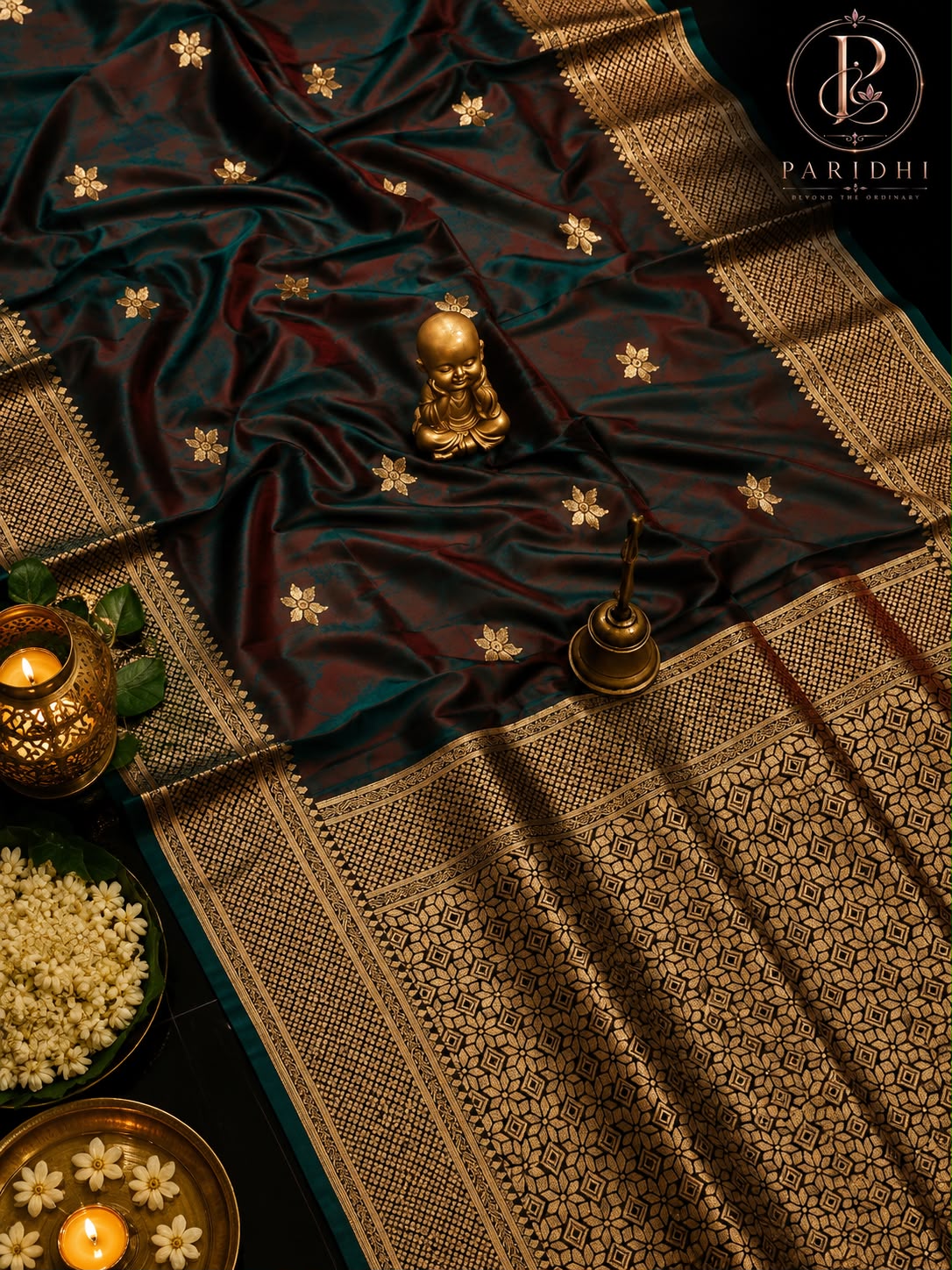 Dual-tone teal and maroon Tanchui katan silk saree with gold pallu