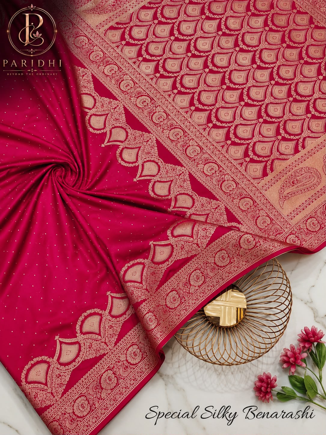 Bindiya Benarashi saree in rani magenta with tonal gold pallu