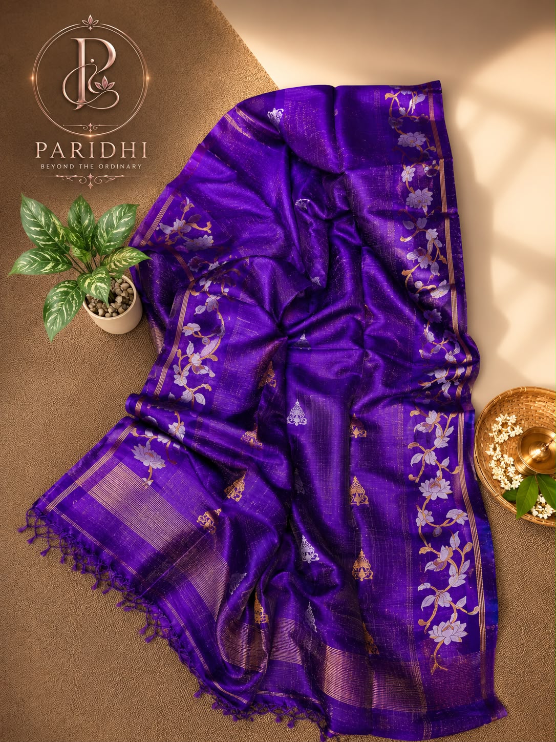 Royal violet tissue tassar Benarasi saree with hand-woven lotus creeper border and gold zari