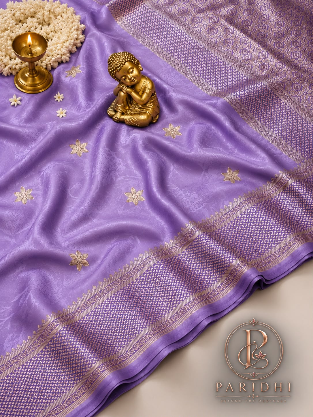 Lavender Tanchui katan silk saree with silver-gold buttas and rich pallu