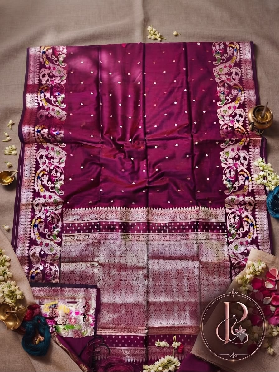 Wine magenta Muga Mina Katan saree with silver mina border
