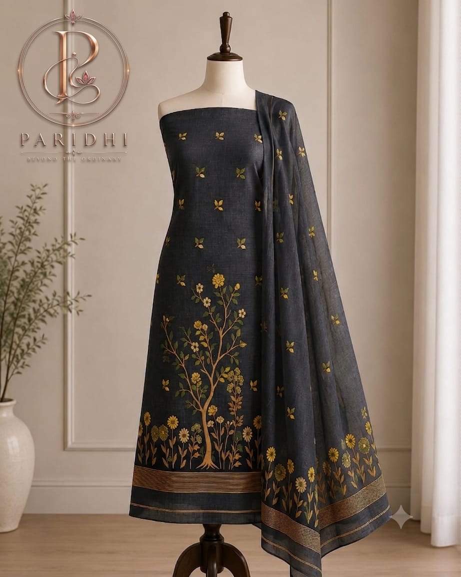 Charcoal slab cotton suit piece with antique gold florals