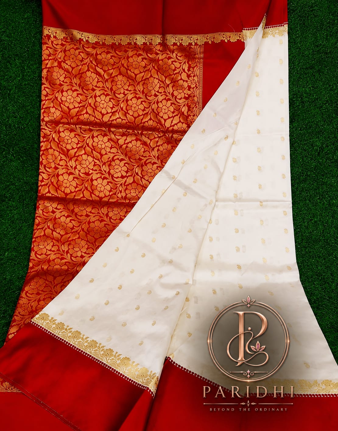 White Garad saree with red floral jari border and achal