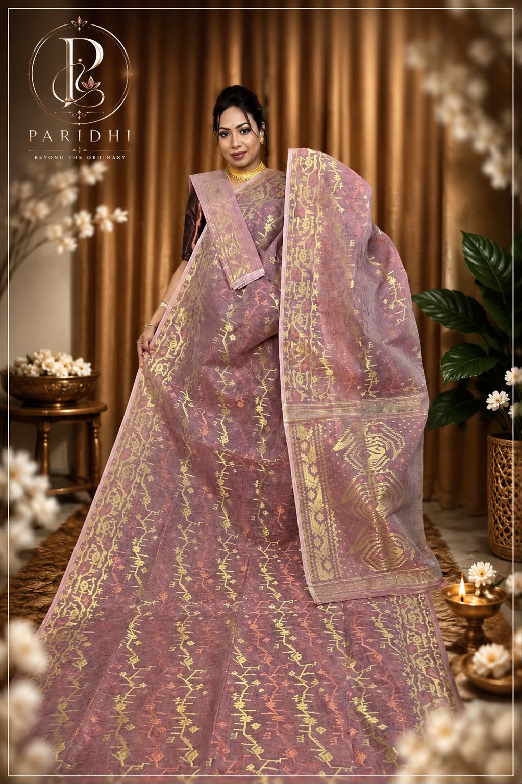Dusty mauve Jamdani saree with gold jari
