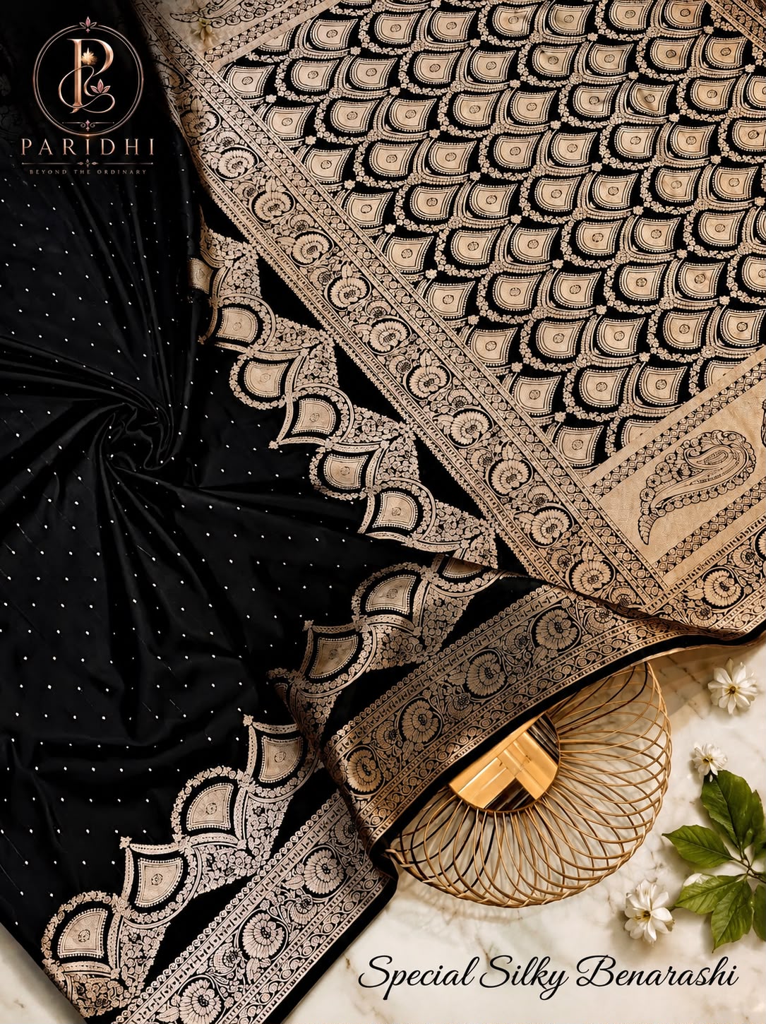 Bindiya premium silky Benarashi saree in midnight black with antique gold chunri butta and rich pallu
