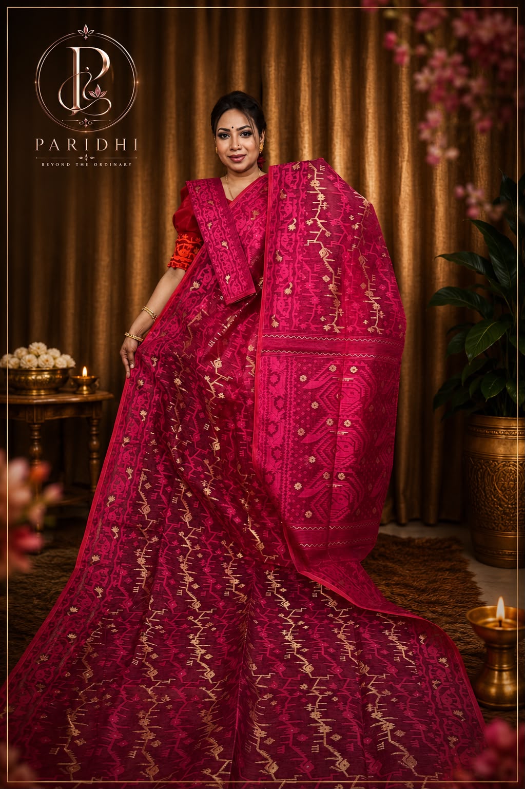 Magenta pink Jamdani saree