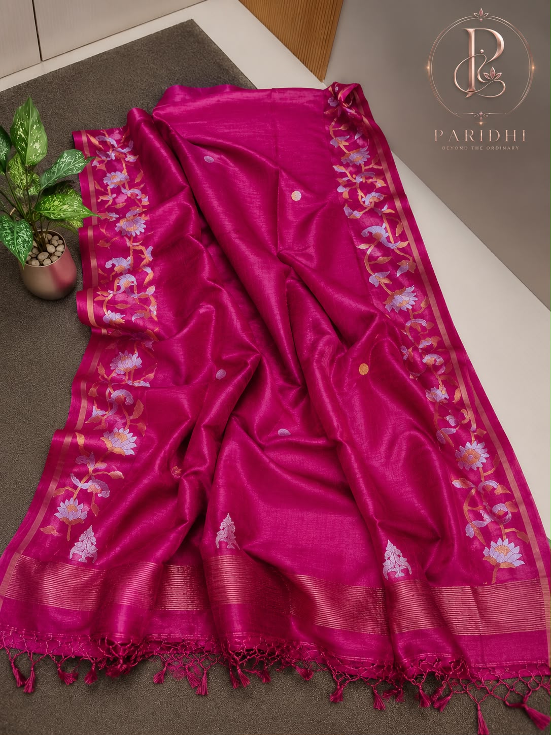 Rani magenta tissue tassar Benarasi saree with lotus creeper border and tassel fringe