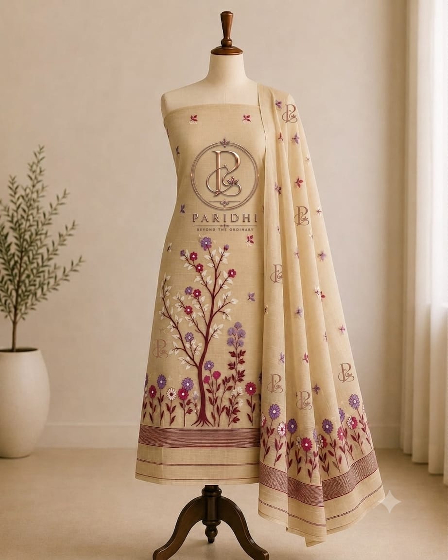 Warm beige slab cotton Dhakai suit piece with floral tree embroidery