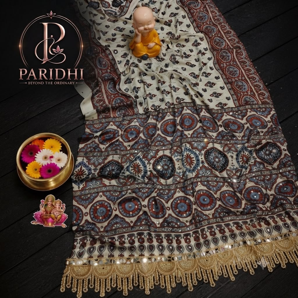 Ivory modal silk saree with rust and blue ajrakh print and beaded lace edge
