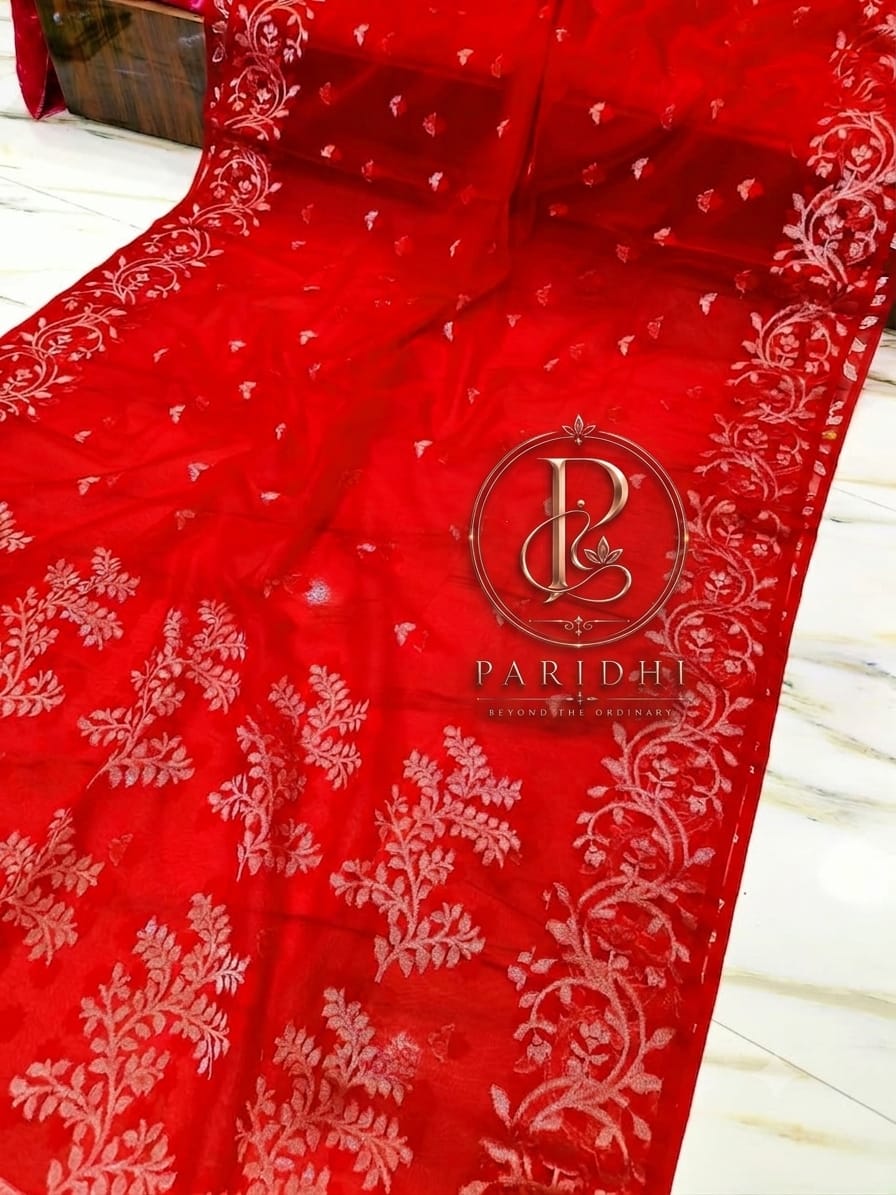 Sindoor red pure maslin jamdani saree with silver-gold suto vine weaving