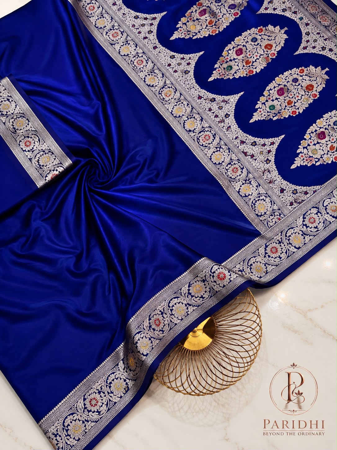 Royal blue glossy mashroo saree with silver woven pallu