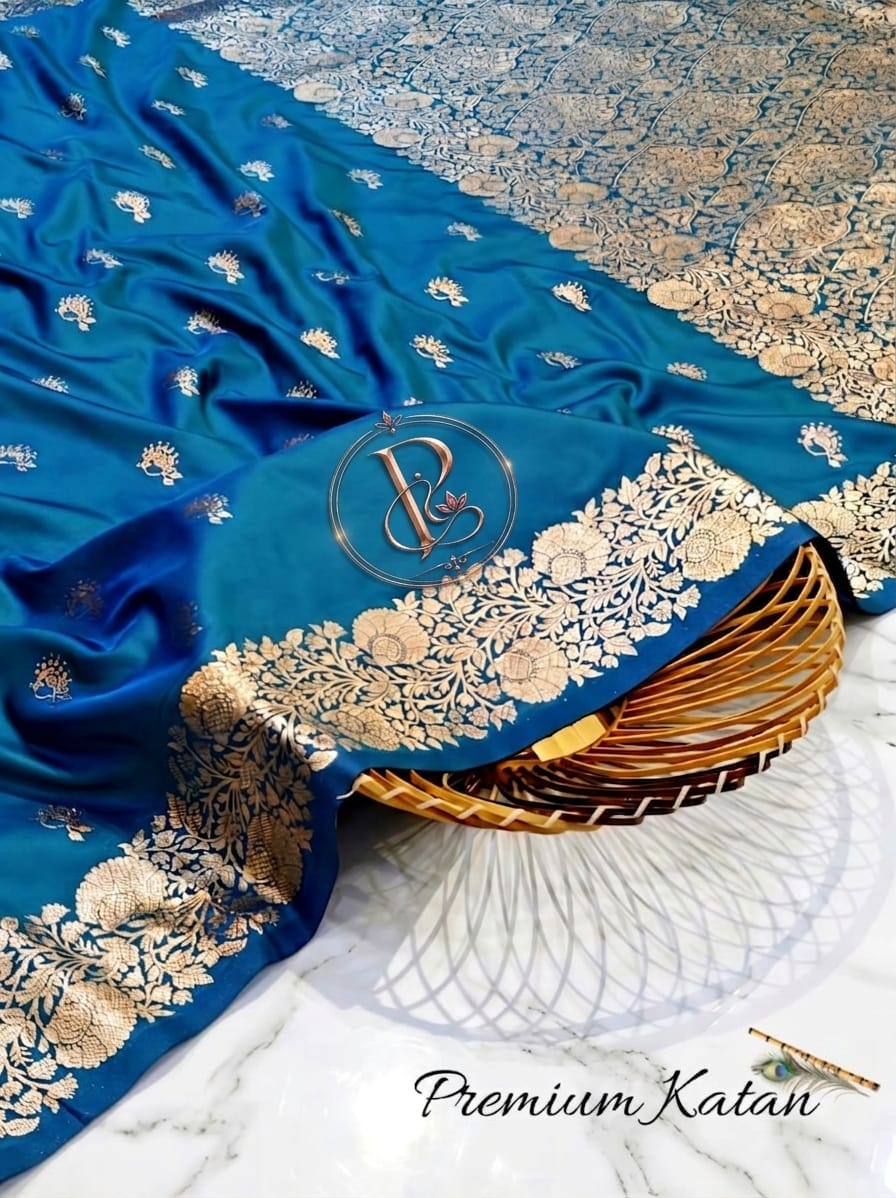 Peacock blue premium katan Benarasi saree with gold floral jaal border