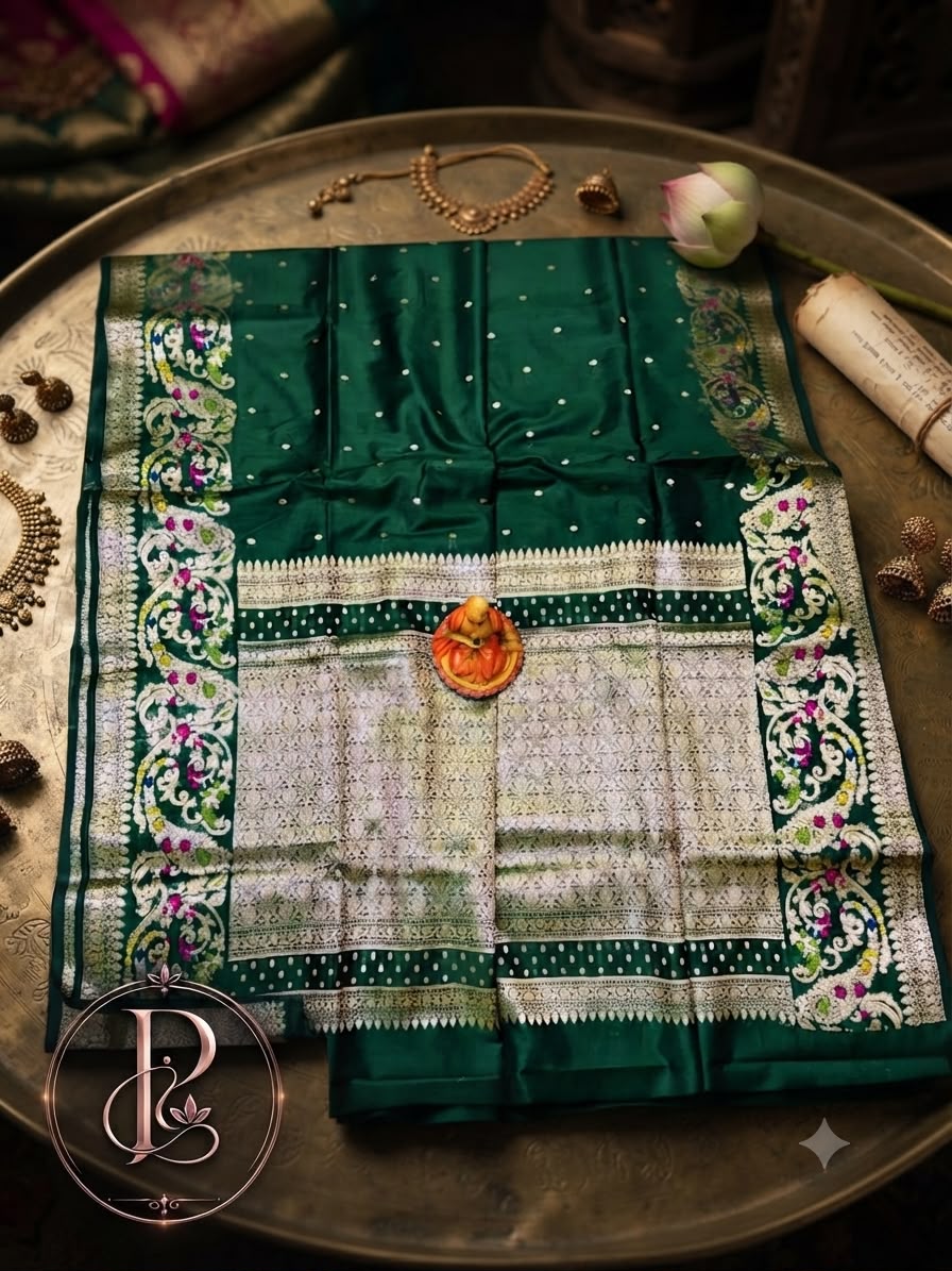 Bottle green Muga Mina Katan cotton saree with silver-gold mina border and rich pallu