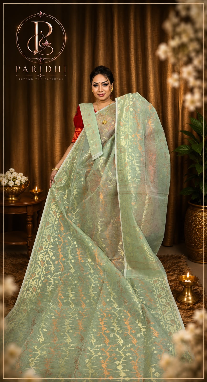 Sage green Jamdani saree