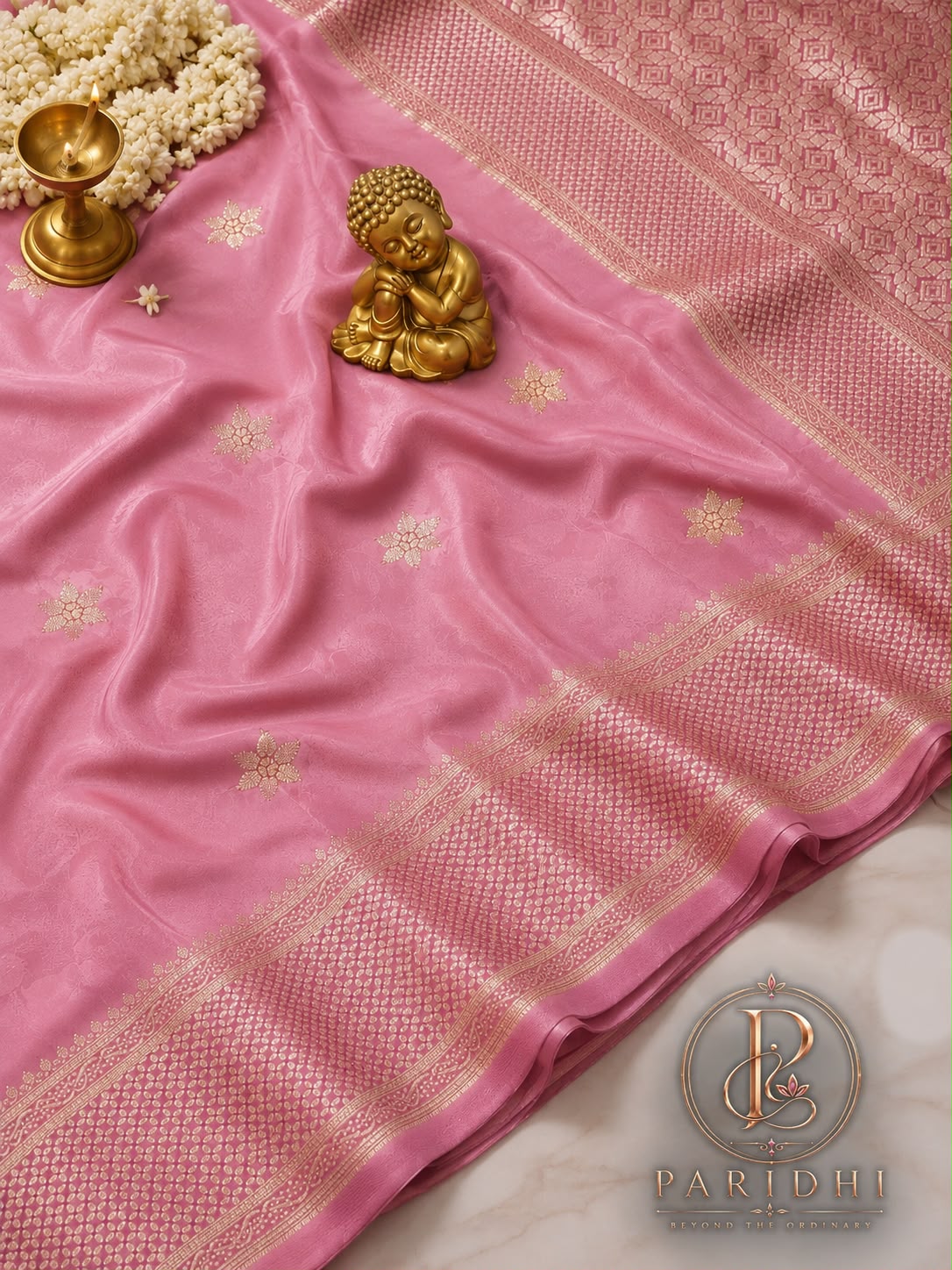 Rose pink Tanchui katan silk saree with soft gold buttas and pallu