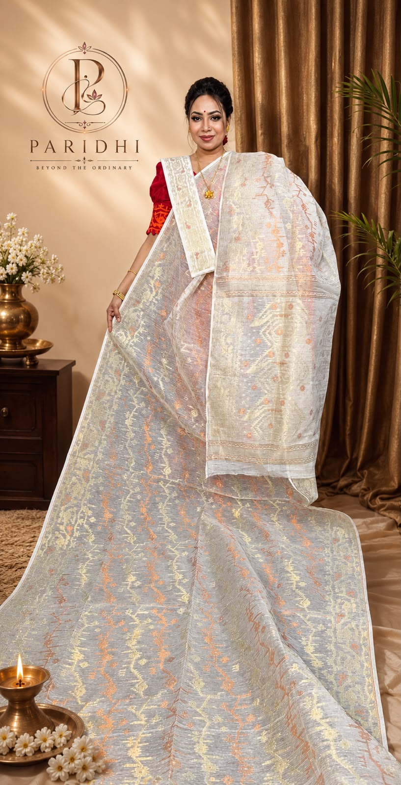 Ivory grey Dhakai Jamdani saree draped