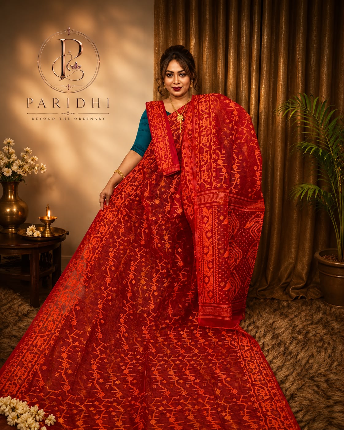 Sindoor orange Jamdani saree