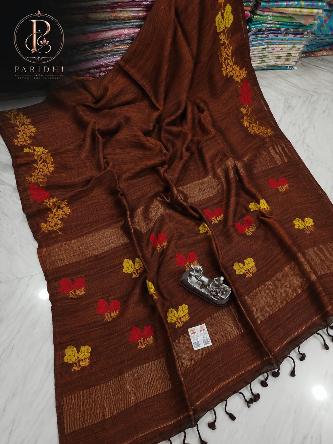 Chestnut brown Motka Benarasi saree with red and yellow resham buta