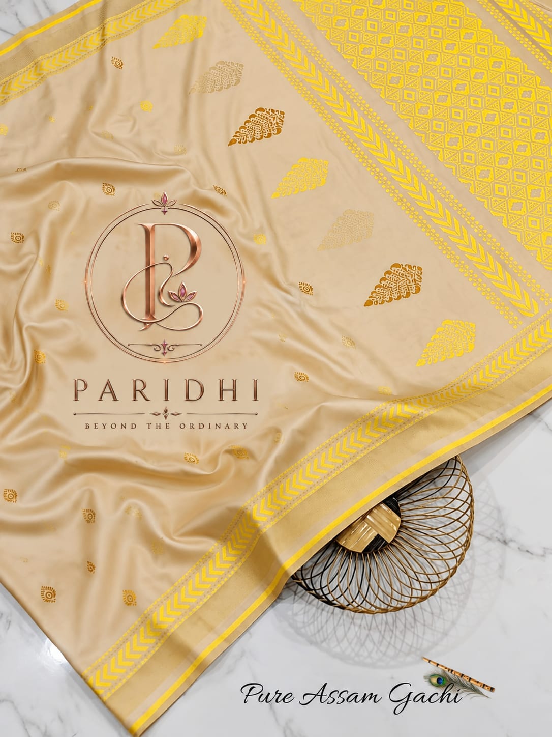 Warm beige Assam gachi tasar saree with yellow achal
