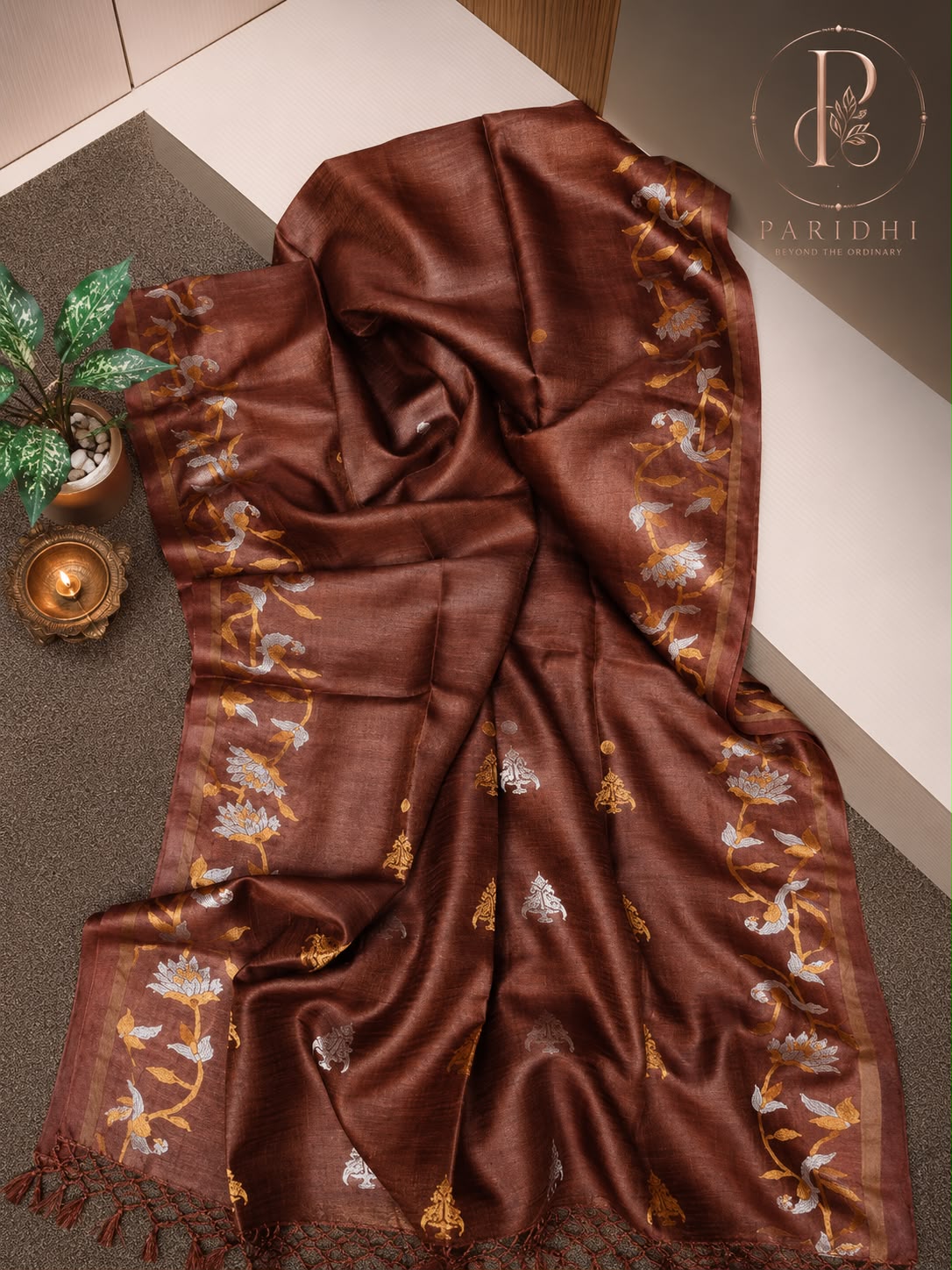 Coffee brown tissue tassar Benarasi saree with woven lotus border and kalka buti