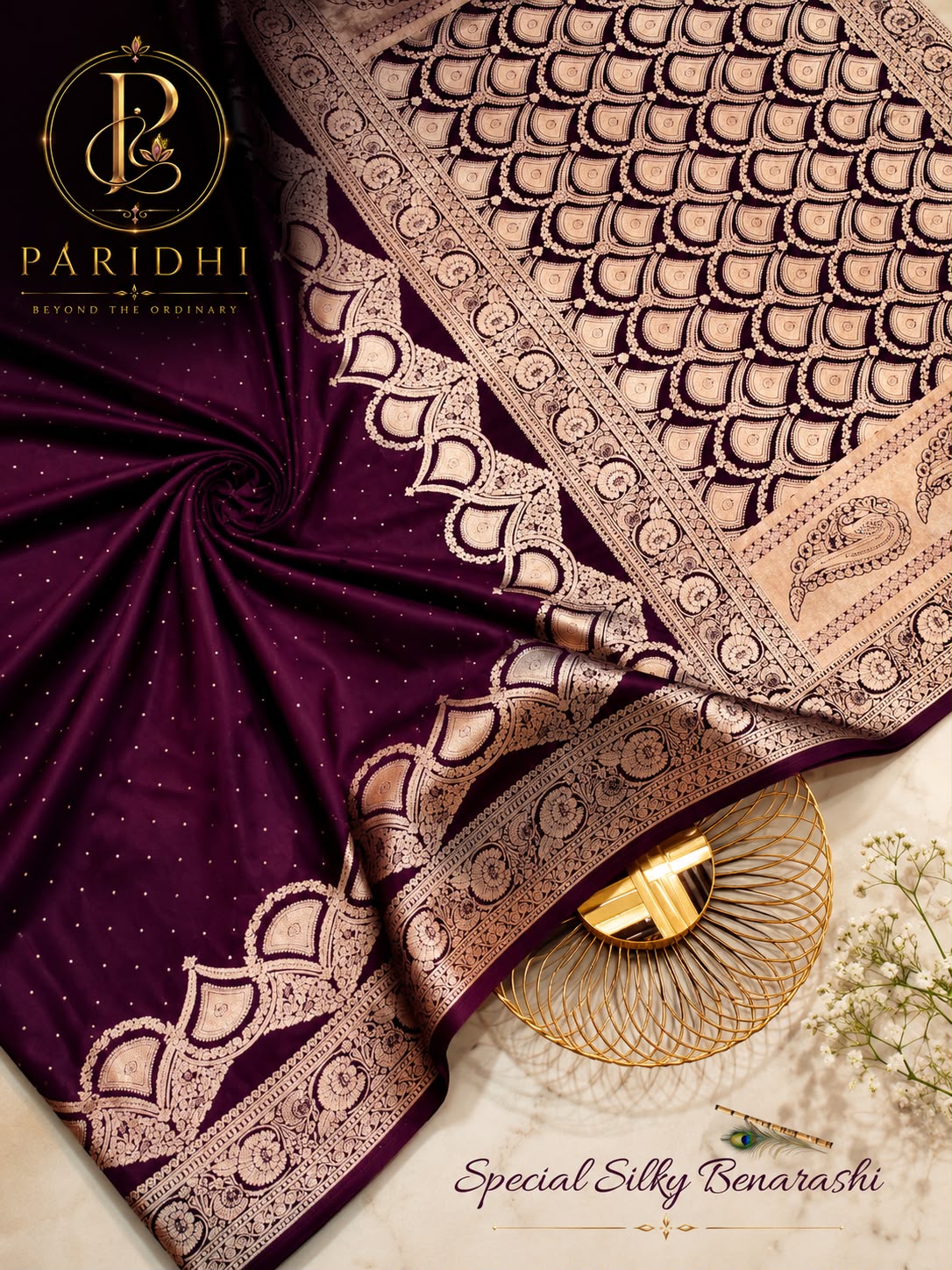 Bindiya Benarashi saree in wine plum with antique gold pallu