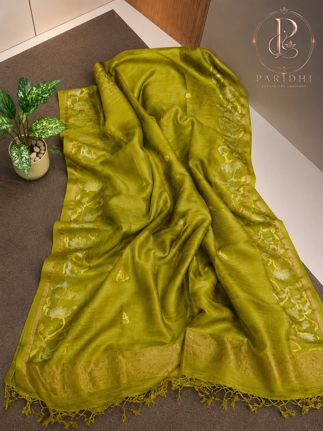 Mehendi green tissue tassar Benarasi saree with woven lotus border and gold zari pallu