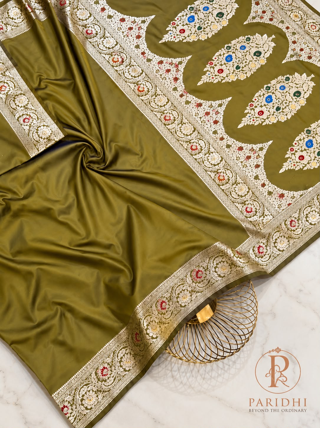 Olive mehendi soft silk mashroo saree with gold kalka pallu