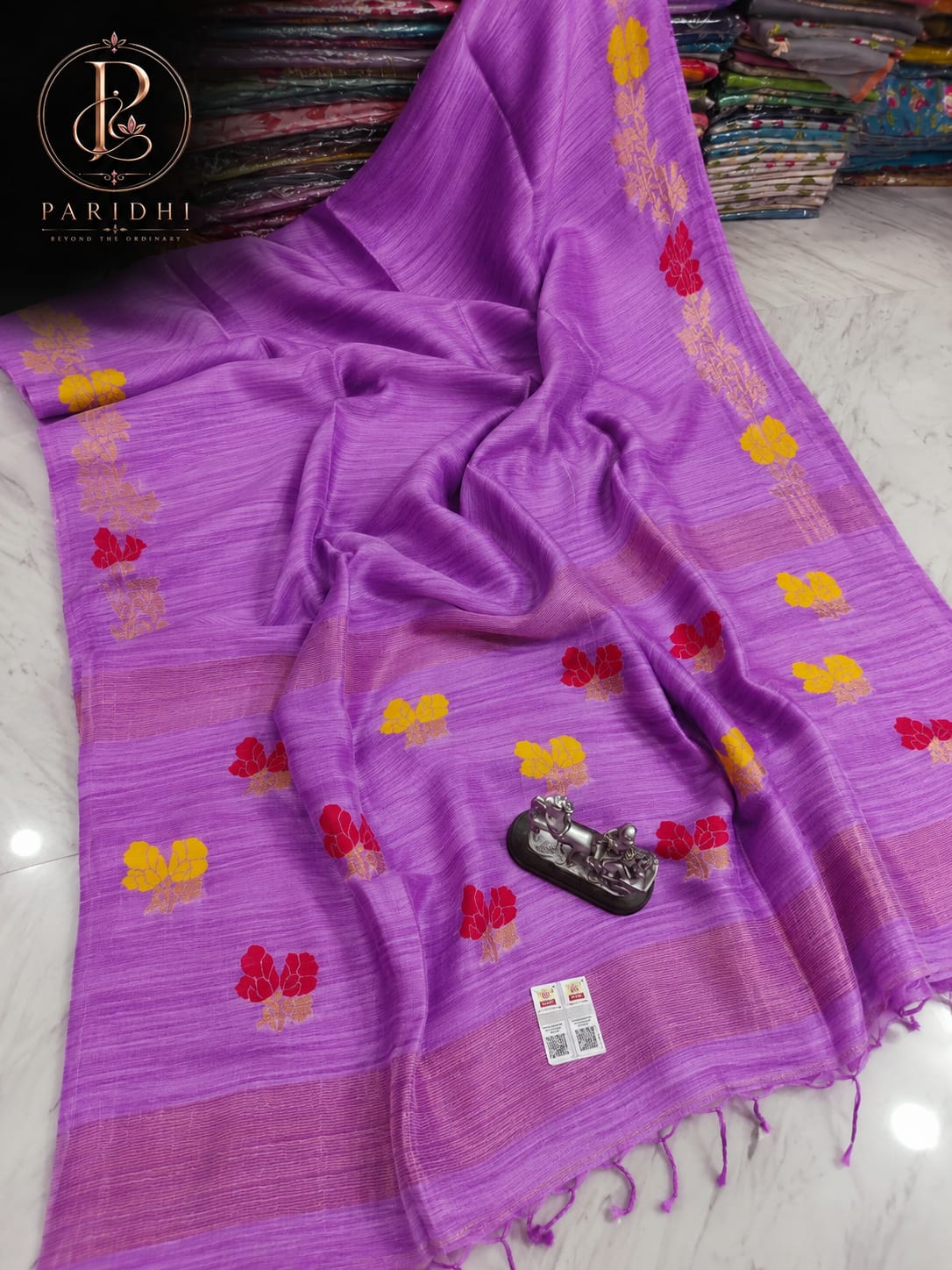 Orchid lilac Motka Benarasi saree with red and yellow resham buta