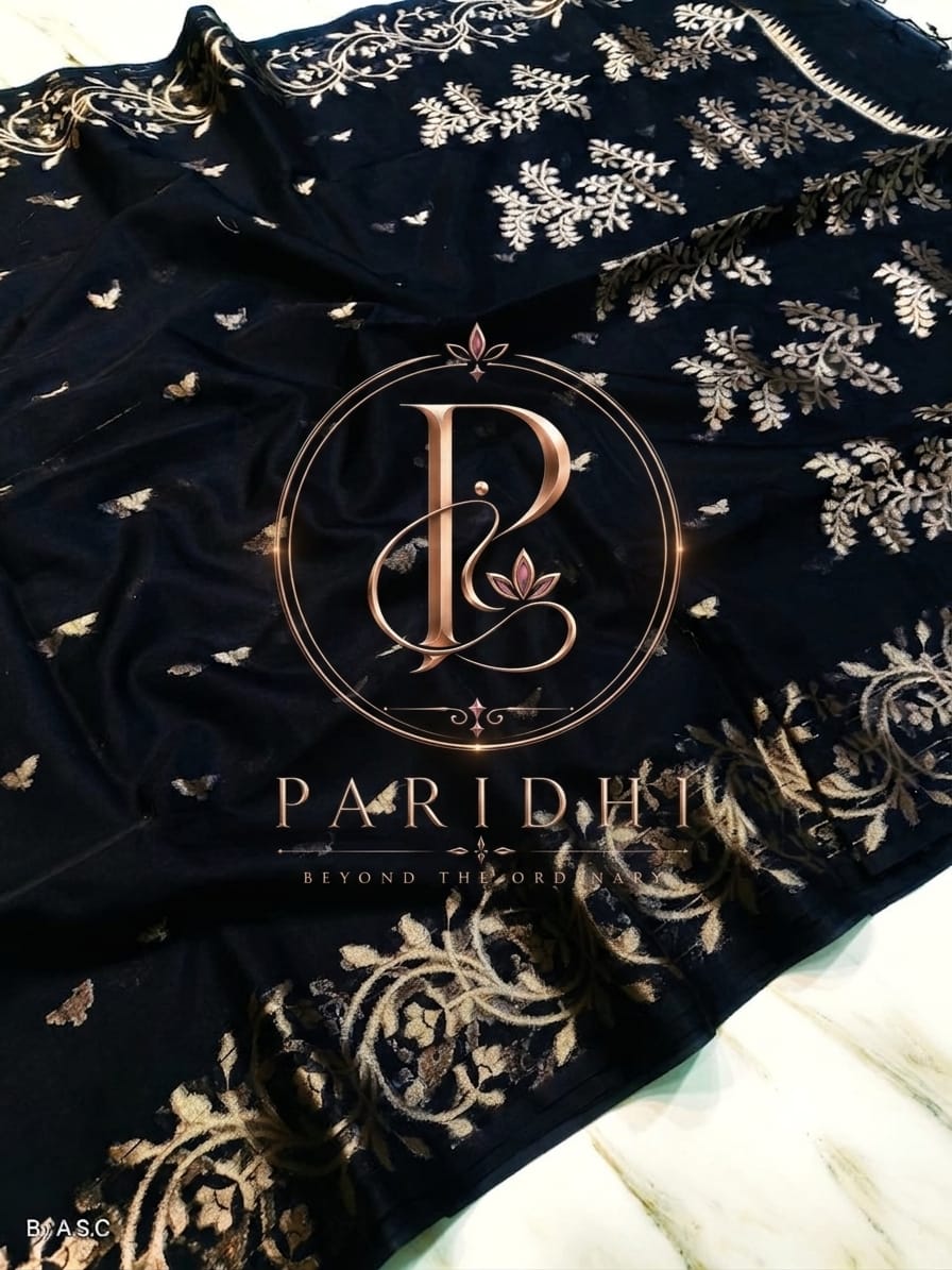 Midnight black pure maslin jamdani saree with antique gold jari weaving