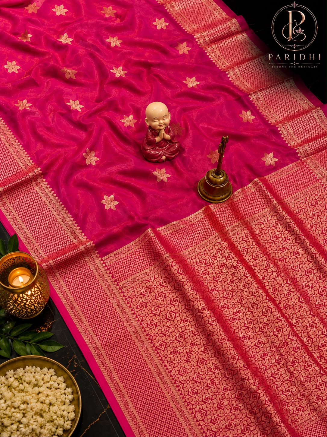 Rani pink Tanchui katan silk saree with gold buttas and rich woven pallu